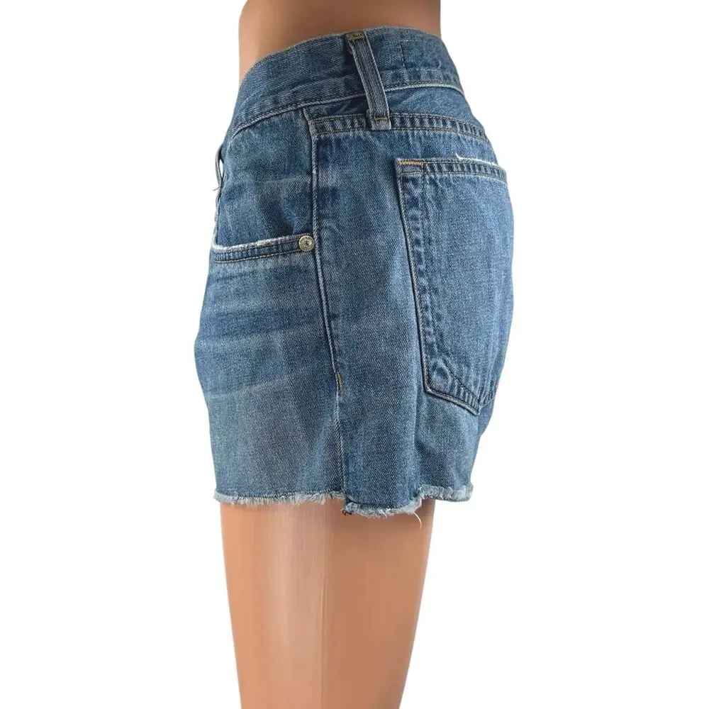 Rag & Bone Women's Blue Mid Rise Frayed Mini Cut-Off Denim Jeans Shorts Size 26